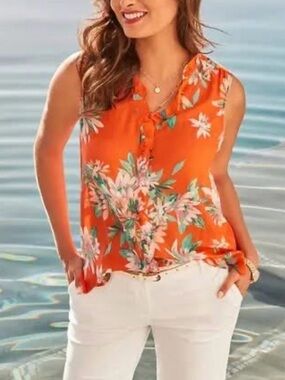 Tommy Bahama Joyful Blooms Floral Orange Sleeveless ruffle detail Women's blouse